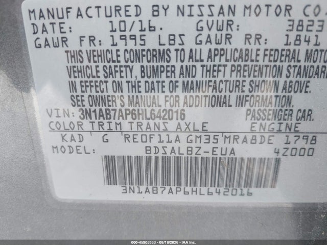 Aukcja sprzedaży 2017 Nissan Sentra S, vin: 3N1AB7AP6HL642016, numer aukcji: 45905333