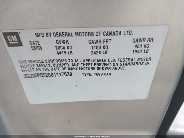 Продаж на аукціоні авто 2006 Pontiac Grand Prix, vin: 2G2WP552061117639, номер лоту: 45905341