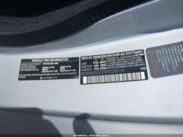 45905342 :رقم المزاد ، WDBWK56F25F023019 vin ، 2005 Mercedes-benz Slk 350 مزاد بيع