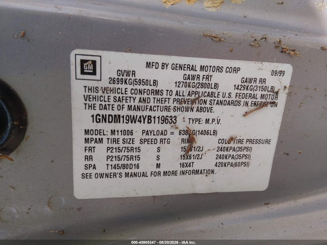 Продажа на аукционе авто 2000 Chevrolet Astro, vin: 1GNDM19W4YB119633, номер лота: 45905347