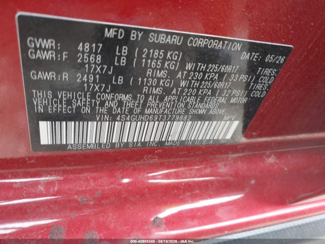 2026 Subaru Crosstrek Premium მანქანა იყიდება აუქციონზე, vin: 4S4GUHD69T3779882, აუქციონის ნომერი: 45905348