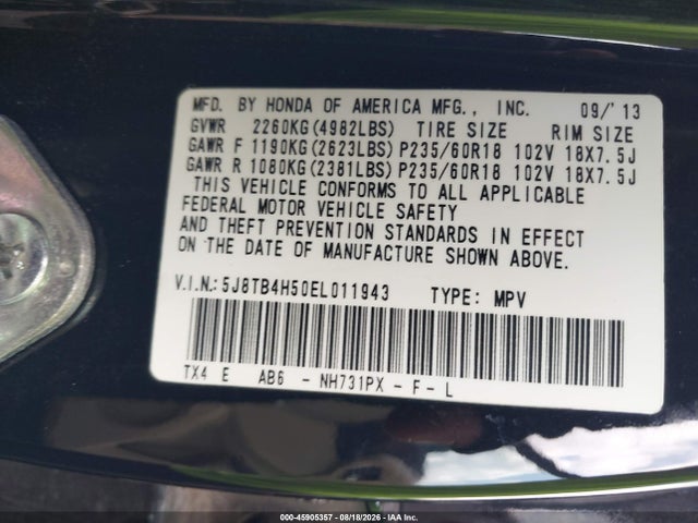 45905357 :رقم المزاد ، 5J8TB4H50EL011943 vin ، 2014 Acura Rdx مزاد بيع