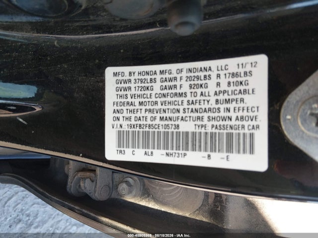 Aukcja sprzedaży 2012 Honda Civic Ex, vin: 19XFB2F85CE105738, numer aukcji: 45905359
