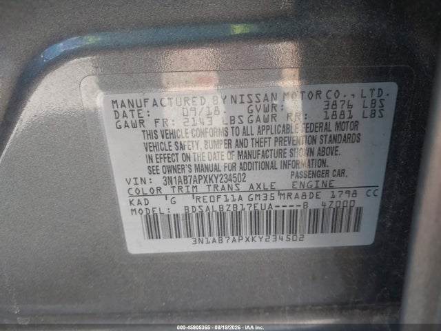 2019 Nissan Sentra S მანქანა იყიდება აუქციონზე, vin: 3N1AB7APXKY234502, აუქციონის ნომერი: 45905365