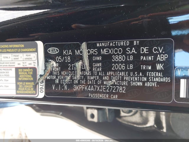 45905366 :رقم المزاد ، 3KPFK4A7XJE272782 vin ، 2018 Kia Forte Lx مزاد بيع