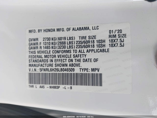 2020 Honda Odyssey Lx მანქანა იყიდება აუქციონზე, vin: 5FNRL6H26LB046509, აუქციონის ნომერი: 45905368