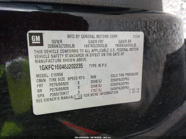 Aukcja sprzedaży 2008 Gmc Yukon Xl 1500 Slt, vin: 1GKFC16048J202235, numer aukcji: 45905369