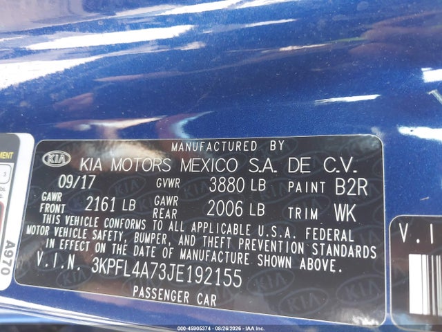Aukcja sprzedaży 2018 Kia Forte S, vin: 3KPFL4A73JE192155, numer aukcji: 45905374