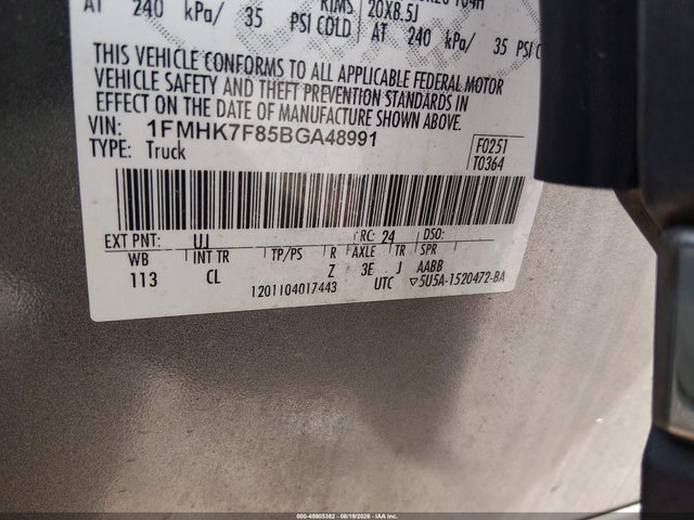 2011 Ford Explorer Limited მანქანა იყიდება აუქციონზე, vin: 1FMHK7F85BGA48991, აუქციონის ნომერი: 45905382