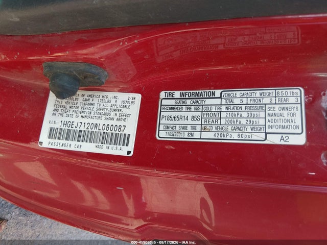 Aukcja sprzedaży 1998 Honda Civic Hx, vin: 1HGEJ7120WL060087, numer aukcji: 45905385