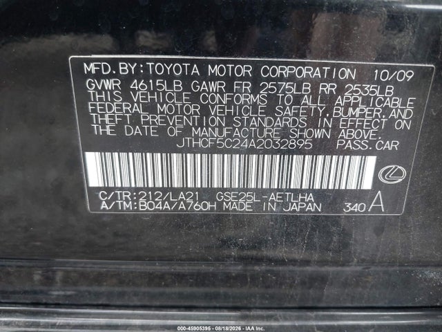 45905395 :رقم المزاد ، JTHCF5C24A2032895 vin ، 2010 Lexus Is 250 مزاد بيع