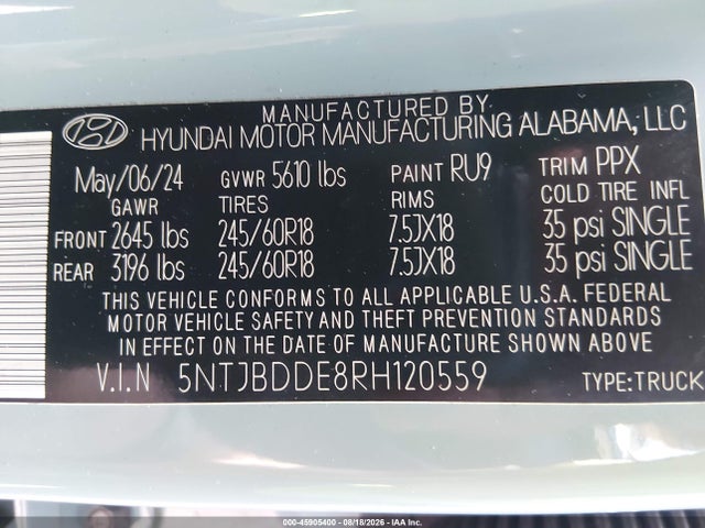 2024 Hyundai Santa Cruz Sel მანქანა იყიდება აუქციონზე, vin: 5NTJBDDE8RH120559, აუქციონის ნომერი: 45905400
