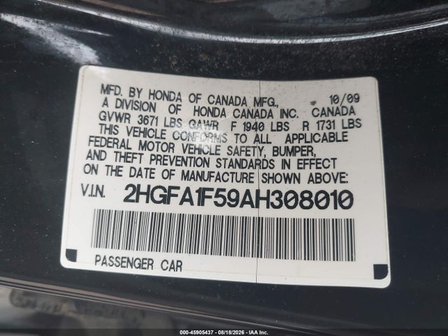 Продаж на аукціоні авто 2010 Honda Civic Lx, vin: 2HGFA1F59AH308010, номер лоту: 45905437