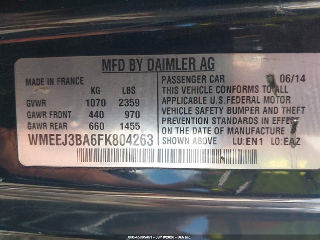 Auction sale of the 2015 Smart Fortwo Passion, vin: WMEEJ3BA6FK804263, lot number: 45905451