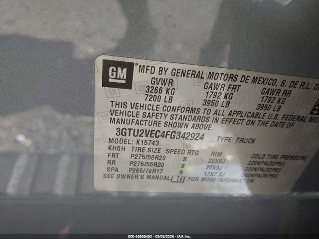 45905452 :رقم المزاد ، 3GTU2VEC4FG342924 vin ، 2015 Gmc Sierra 1500 Slt مزاد بيع
