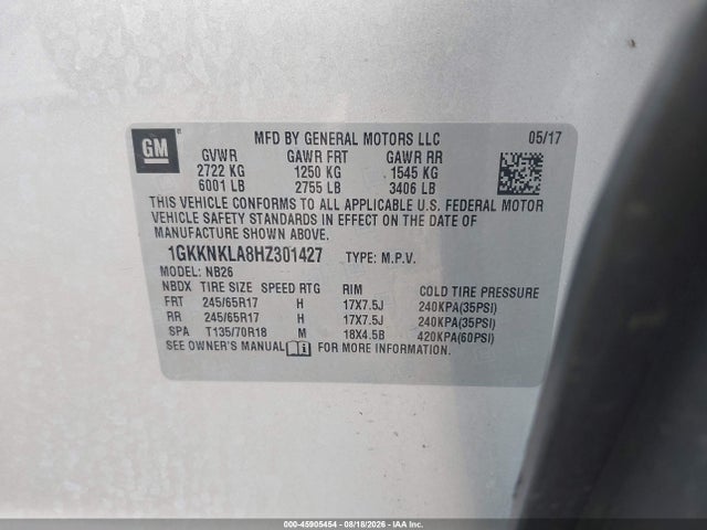 Aukcja sprzedaży 2017 Gmc Acadia Sle-1, vin: 1GKKNKLA8HZ301427, numer aukcji: 45905454