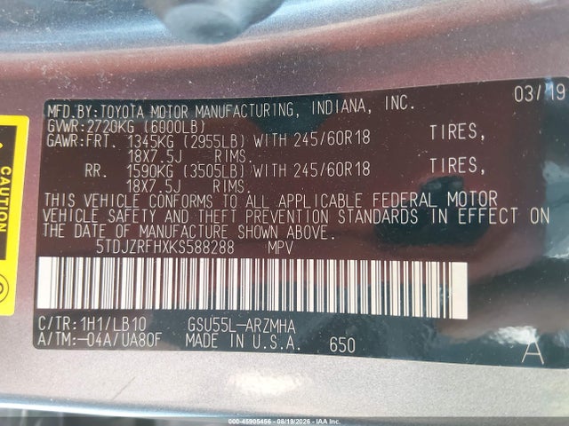 Aukcja sprzedaży 2019 Toyota Highlander Xle, vin: 5TDJZRFHXKS588288, numer aukcji: 45905456