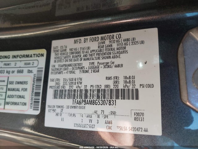 Продажа на аукционе авто 2016 Ford Mustang V6, vin: 1FA6P8AM8G5307831, номер лота: 45905458