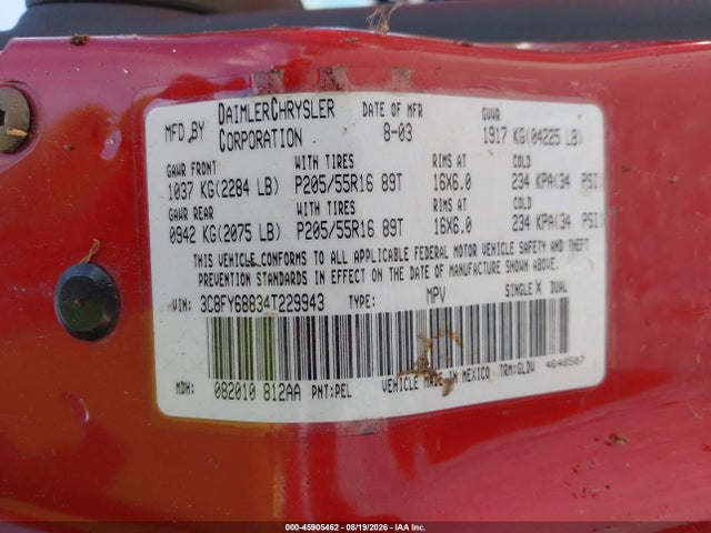 45905462 :رقم المزاد ، 3C8FY68834T229943 vin ، 2004 Chrysler Pt Cruiser Limited مزاد بيع