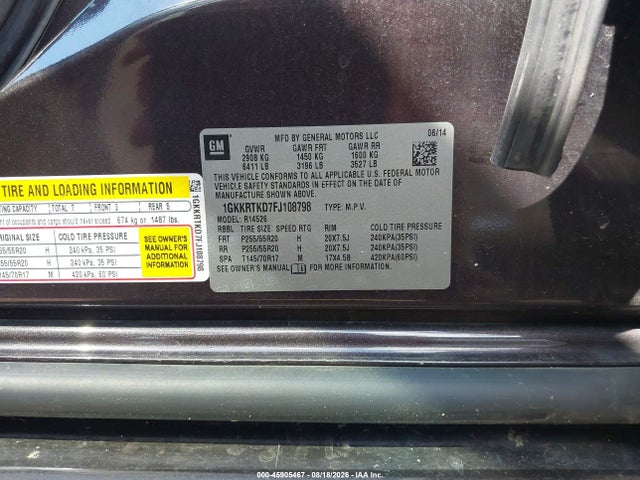 45905467 :رقم المزاد ، 1GKKRTKD7FJ108798 vin ، 2015 Gmc Acadia Denali مزاد بيع