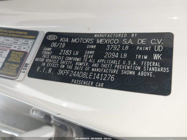 Продаж на аукціоні авто 2020 Kia Forte Lxs, vin: 3KPF24AD8LE141276, номер лоту: 45905470