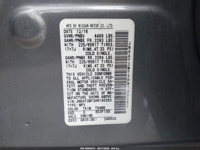 Продаж на аукціоні авто 2017 Nissan Rogue S, vin: JN8AT2MT3HW140262, номер лоту: 45905473
