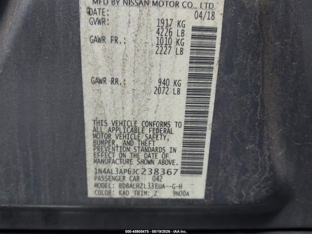 45905475 :رقم المزاد ، 1N4AL3AP6JC238367 vin ، 2018 Nissan Altima 2.5 Sr مزاد بيع