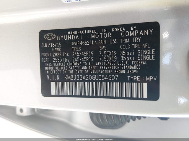 2016 Hyundai Tucson Limited მანქანა იყიდება აუქციონზე, vin: KM8J33A20GU054507, აუქციონის ნომერი: 45905477