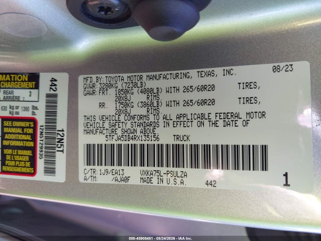 2024 Toyota Tundra Limited მანქანა იყიდება აუქციონზე, vin: 5TFJA5DB4RX135156, აუქციონის ნომერი: 45905481