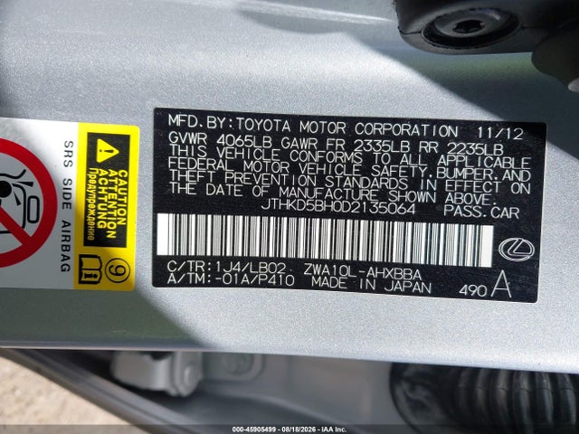 Aukcja sprzedaży 2013 Lexus Ct 200h, vin: JTHKD5BH0D2135064, numer aukcji: 45905499