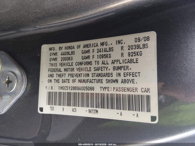 Продаж на аукціоні авто 2009 Honda Accord 2.4 Ex-l, vin: 1HGCS12889A005066, номер лоту: 45905510