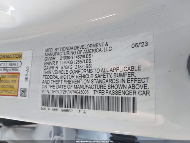 Auction sale of the 2023 Honda Accord Hybrid Sport-l, vin: 1HGCY2F7XPA045006, lot number: 45905519