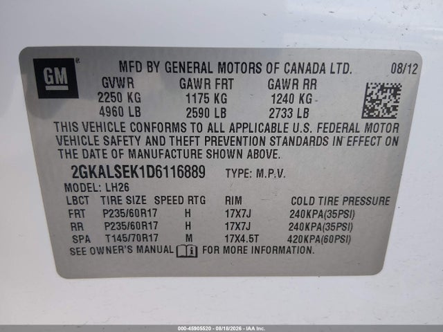 Продажа на аукционе авто 2013 Gmc Terrain Sle-2, vin: 2GKALSEK1D6116889, номер лота: 45905520