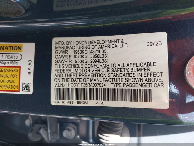 Продажа на аукционе авто 2024 Honda Accord Ex, vin: 1HGCY1F35RA007824, номер лота: 45905544
