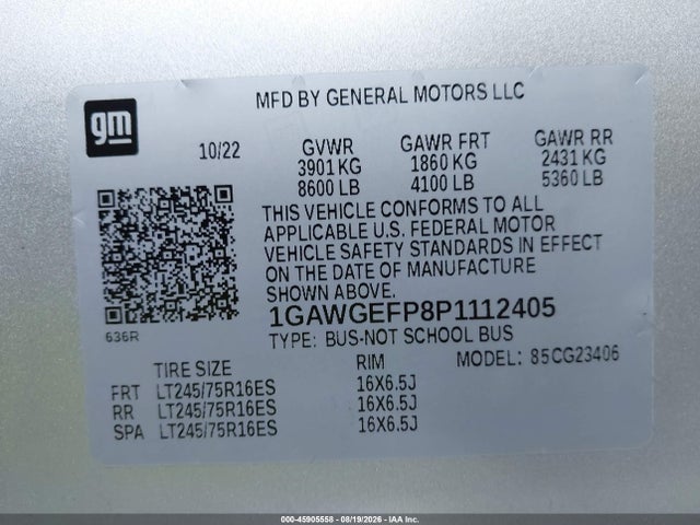 Продажа на аукционе авто 2023 Chevrolet Express Passenger Rwd 2500 Regular Wheelbase Ls, vin: 1GAWGEFP8P1112405, номер лота: 45905558