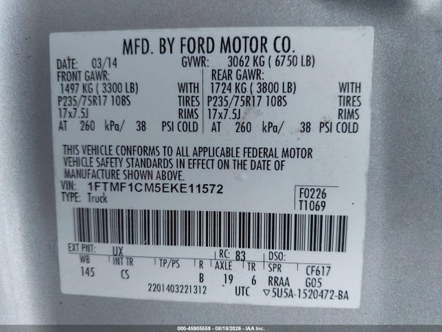 2014 Ford F-150 Xl მანქანა იყიდება აუქციონზე, vin: 1FTMF1CM5EKE11572, აუქციონის ნომერი: 45905559