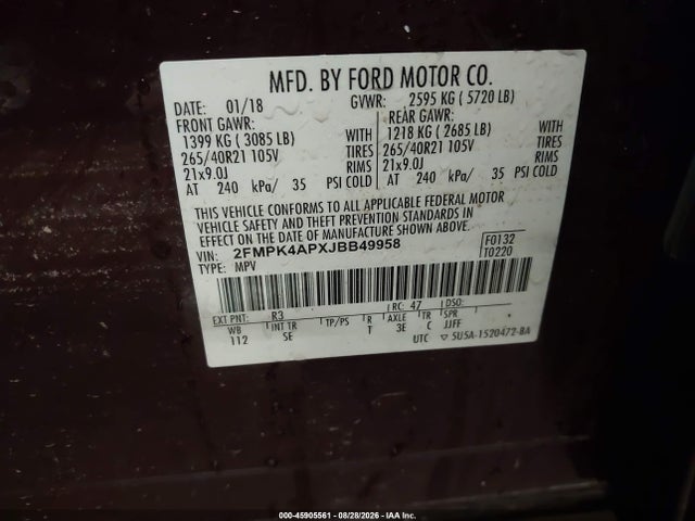 Продажа на аукционе авто 2018 Ford Edge Sport, vin: 2FMPK4APXJBB49958, номер лота: 45905561