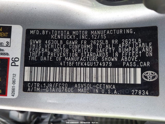 45905589 :رقم المزاد ، 4T1BF1FK4GU174979 vin ، 2016 Toyota Camry Le مزاد بيع