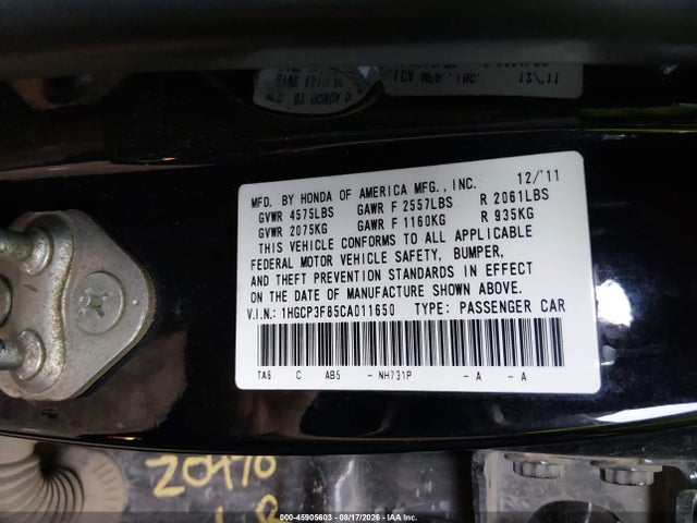45905603 :رقم المزاد ، 1HGCP3F85CA011650 vin ، 2012 Honda Accord 3.5 Ex-l مزاد بيع