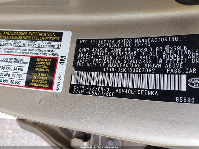 2011 Toyota Camry Le მანქანა იყიდება აუქციონზე, vin: 4T1BF3EK1BU607082, აუქციონის ნომერი: 45905616