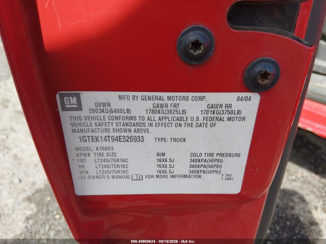 45905624 :رقم المزاد ، 1GTEK14T94E326933 vin ، 2004 Gmc Sierra 1500 Work Truck مزاد بيع