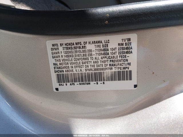 2009 Honda Odyssey Touring მანქანა იყიდება აუქციონზე, vin: 5FNRL38809B026798, აუქციონის ნომერი: 45905626