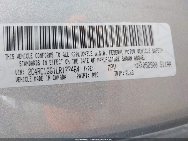 45905627 :رقم المزاد ، 2C4RC1GG1LR177464 vin ، 2020 Chrysler Pacifica Limited مزاد بيع