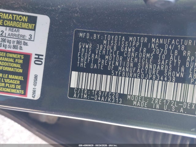 45905629 :رقم المزاد ، 5YFBURHE0JP834438 vin ، 2018 Toyota Corolla Se مزاد بيع