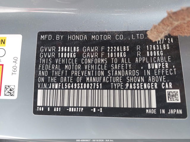 45905637 :رقم المزاد ، JHMFL5G49SX002751 vin ، 2025 Honda Civic Type R مزاد بيع