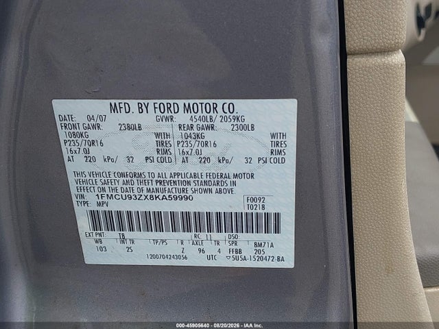 2008 Ford Escape Xlt მანქანა იყიდება აუქციონზე, vin: 1FMCU93ZX8KA59990, აუქციონის ნომერი: 45905640