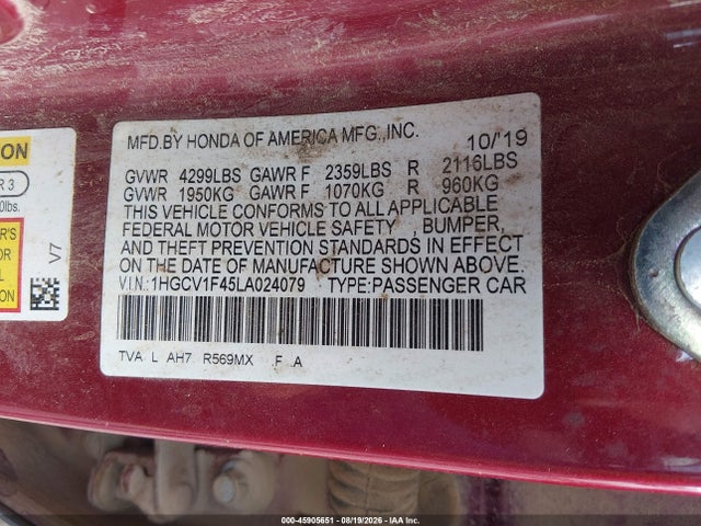 Продажа на аукционе авто 2020 Honda Accord Ex, vin: 1HGCV1F45LA024079, номер лота: 45905651