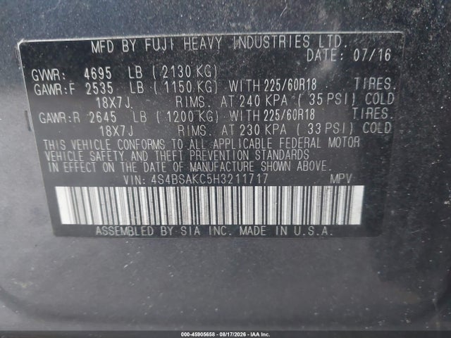 2017 Subaru Outback 2.5i Limited მანქანა იყიდება აუქციონზე, vin: 4S4BSAKC5H3211717, აუქციონის ნომერი: 45905658