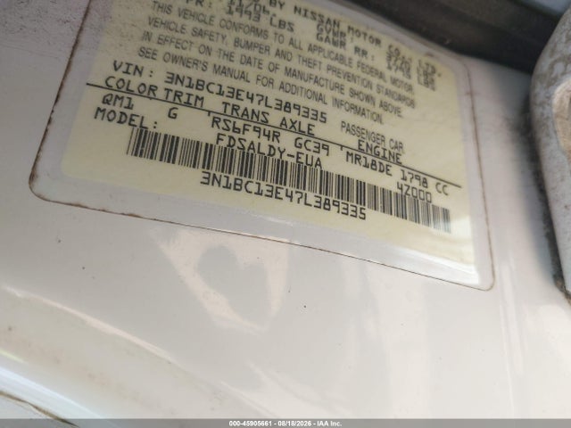 Продажа на аукционе авто 2007 Nissan Versa 1.8s, vin: 3N1BC13E47L389335, номер лота: 45905661