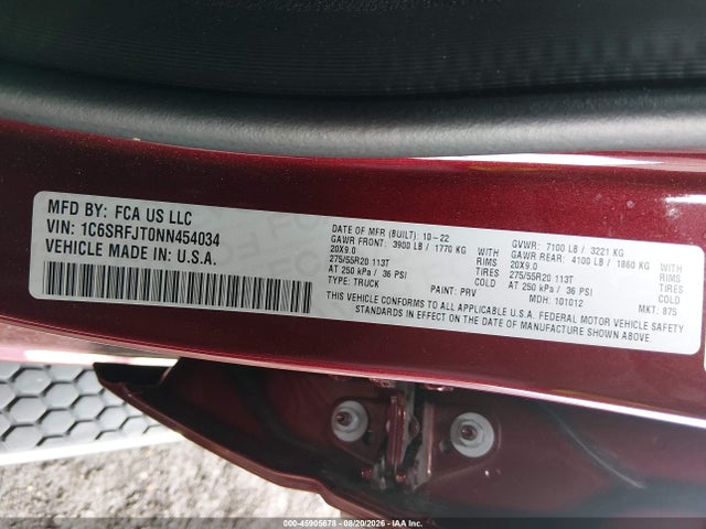 Aukcja sprzedaży 2022 Ram 1500 Laramie  4x4 5'7 Box, vin: 1C6SRFJT0NN454034, numer aukcji: 45905678